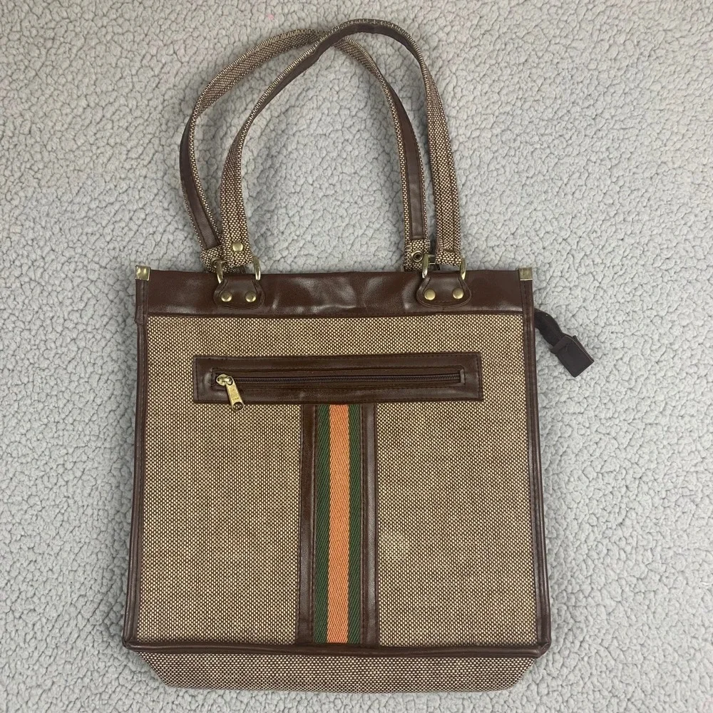 Vintage‎ 70s Tweed Satchel Tote Bag Handbag Striped Business 12x13 Retro Purse
